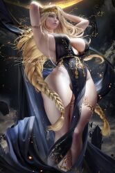 1girls alternate_version_available armpits arms_up artist_signature blonde_hair braided_hair breasts dress elden_ring female fromsoftware hair_over_one_eye huge_breasts large_breasts light-skinned_female light_skin long_hair no_bra no_panties pale-skinned_female pale_skin queen_marika_the_eternal sakimichan slim_waist thick_thighs thighs very_long_hair watermark yellow_eyes
