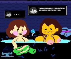 2d big_breasts chara color dialogue edit edited english english_dialogue english_text frisk funnyboijulius mob_face no_outlines pixel_art seductive tagme text third-party_edit undertale undertale_(series) yuri