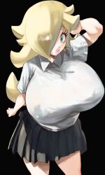 1girls 2023 big_breasts black_background blonde_hair blue_eyes breasts breasts_bigger_than_head female female_focus female_only hair_over_one_eye huge_breasts large_breasts light-skinned_female light_skin lipstick long_hair mario_(series) nintendo noblood pink_lipstick princess_rosalina rosetta_(super_mario_galaxy) ryandomonica school_uniform schoolgirl short_skirt skirt thick_lips thick_thighs