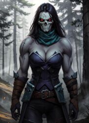 1girls ai_generated big_breasts black_hair breasts busty cleavage curvaceous curves curvy curvy_body curvy_female curvy_figure curvy_hips darksiders darksiders_2 death_(darksiders) female female_focus female_only fit fit_female glowing_eyes grey_skin hips large_breasts long_hair markings mask masked masked_female outdoors outside red_eyes rule_63 skin_tight skull_mask straight_hair tagme tagme_(artist) tattoo tattoos toned toned_female voluptuous voluptuous_female wide_hips