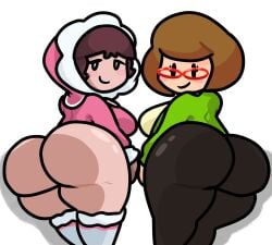 2girls ass big_ass big_breasts black_eyes blush bottomless breasts brown_hair bubble_butt clothed clothing crossover duo female female_only glasses hi_res huge_ass ice_climber lewdewott looking_at_viewer looking_back mob_face multiple_girls nana_(ice_climber) nikki_(swapnote) nintendo presenting presenting_hindquarters simple_background smile swapnote take_your_pick thick_thighs white_background wide_hips