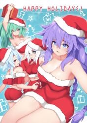 2022 big_breasts black_heart blanc christmas christmas_outfit goddess green_heart huge_ass katade neptune_(neptunia) neptunia_(series) noire power_symbol power_symbol-shaped_pupils purple_heart_(neptunia) smile straight vert white_heart