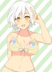 1girls bikini cleavage collarbone female front-tie_bikini front_view happy ichiryuu_tsumiki large_breasts light-skinned_female light_skin looking_at_viewer midriff miyabi_(senran_kagura) open_mouth senran_kagura senran_kagura_peach_beach_splash short_hair simple_background skindentation solo standing striped_background striped_bikini text white_hair yellow_eyes