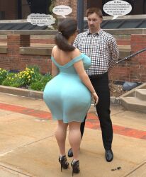 ass ass_in_dress black_shoes brown_hair clothing dialogue duo fat_ass female glasses high_heels hoop_earrings huge_ass male ponytail rev2019 tight_dress wide_ass