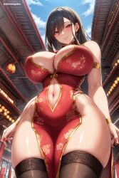 1girls ai_generated ai_love_higokko black_hair breasts china_dress chinese_clothes clothed clothed_female female high_resolution hips holaraai huge_breasts light-skinned_female light_skin massive_breasts original original_character red_dress red_eyes thick_thighs thighhigs thighs voluptuous wide_hips