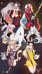 4girls 6+girls :d ;p akumi animal_ears bangs barefoot black_hair black_legwear black_panties blonde_hair blue_eyes blush bodysuit breasts bunny_ears cat_ears catgirl cleavage crossed_legs crossover demon_girl demon_tail dog_ears dog_girl dress drill_hair dya_rikku_(vtuber) elbow_gloves eyebrows_visible_through_hair fang female fox_ears gloves hair_between_eyes heart horns jacket jewelry large_breasts long_hair long_sleeves looking_at_viewer mask mask_on_head medium_breasts mixed_hair_color momotexx_(vtuber) multicolored_hair multiple_crossover multiple_girls one_eye_closed oni oni_horns open_clothes open_mouth panties pantyhose petals pink_hair pokemon_(creature) red_eyes red_skin short_hair sitting smile squchan_(vtuber) tail thighhighs tongue tongue_out twin_drills twintails two-tone_hair very_long_hair virtual_youtuber vyugen white_hair yellow_eyes yenko yuniiho_(character)