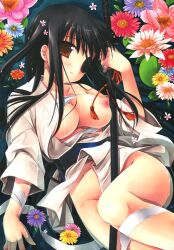 2010 absurd_res black_hair breasts_out brown_eyes cleavage eye_patch female female_only flowers gintama hair_down hi_res japanese_clothes katana kimono long_hair looking_at_viewer medium_breasts miyasu_risa no_panties on_back open_clothes open_kimono samurai sarashi solo sword water weapon yagyuu_kyuubei