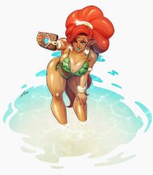 big_breasts big_hair bikini blue_eyes blue_lips bracelet breasts breath_of_the_wild commentary dark-skinned_female dark_skin earrings english_commentary eyewear_on_head female gerudo green_bikini highres jewelry kooj_artz muscular muscular_female neck_ring pool red_hair selfie shiny_clothes shiny_skin signature soaking_feet solo swimsuit the_legend_of_zelda the_legend_of_zelda:_breath_of_the_wild thick_thighs urbosa