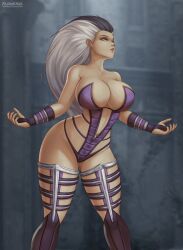 2d alternate_version_available artist_logo big_breasts black_and_white_hair breasts cleavage detailed_background eyebrows female female_only fighter flowerxl gray_gloves hands_on_breasts heroine huge_breasts milf mortal_kombat mortal_kombat_(2011) pale-skinned_female pink_lipstick sindel solo thick_thighs thunder_thighs very_long_hair widescreen