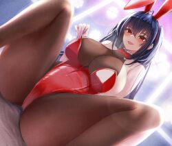 1girls alternate_costume animal_ears azur_lane bangs black_hair bodystocking bow breasts brown_pantyhose bunny_girl bunnysuit center_opening cleavage collar crossed_bangs detached_collar fake_animal_ears feet_out_of_frame female from_below hair_between_eyes huge_breasts latex latex_leotard leotard light-skinned_female light_skin long_hair open_mouth pantyhose playboy_bunny pulled_by_self rabbit_ears red_bow red_eyes red_leotard sakura_empire_(azur_lane) sano_sho sitting solo spread_legs strapless strapless_leotard taihou_(azur_lane) undersized_breast_cup very_long_hair white_collar wrist_cuffs