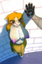 alpha_werehimbo anthro big_breasts biped black_eyes blush bodily_fluids breasts domestic_cat felid feline felis female fur lactating mammal milk nipples orange_body orange_fur paws pink_nipples solo tail webkinz white_body white_fur