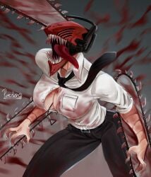 big_breasts black_pants blood breasts chainsaw chainsaw_man chainsaw_woman denji_(chainsaw_man) denji_(hybrid_form) long_tongue monster monster_girl paeder69 rule_63 solo solo_female tie tongue tongue_out white_shirt