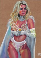 blonde_hair blue_eyes breasts curvy curvy_female dan_wade emma_frost female female_only hourglass_figure huge_breasts lingerie marvel marvel_comics nipples painting_(artwork) panties see-through see-through_bra see-through_clothing thick_thighs white_queen wide_hips x-men