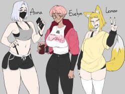 animal_ears anna_(paeder69) anthro big_breasts bra braces breasts dog_tags drink evelyn_(paeder69) glasses hands_on_hips jacket lemon_(paeder69) mask masked masked_female oc original original_characters paeder69 pink_hair short_hair shorts tail thighhighs white_hair women yellow_hair