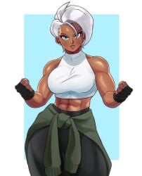 abs big_breasts black_pants blue_eyes breasts clenched_hands clothes_around_waist commentary contrapposto crop_top dark-skinned_female dark_skin dragon_ball dragon_ball_z earrings english_commentary female fingerless_gloves gloves highres jewelry kooj_artz large_breasts muscular muscular_female original original_character pants sheva_(kooj_artz) short_hair solo sweater sweater_around_waist thick_thighs thighs tomboy white_hair