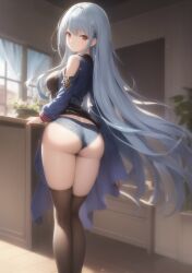 1girls ai_generated ass_focus bare_shoulders big_ass blue_hair female hourglass_figure jacket large_ass long_hair looking_back original original_character red_eyes shmebulock36 short_shorts smile solo solo_female thick_thighs thighhighs