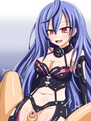 1boy 1girls bar_censor bare_midriff bare_shoulders bare_thighs black_gloves bodysuit breasts chagama_(tyagama0927) cleavage clothed_female_nude_male cpu_(neptunia) detached_collar elbow_gloves female_focus female_on_top femdom foreskin goddess iris_heart light-skinned_female light-skinned_male light_skin lilac_hair neptunia_(series) open_mouth penis pink_eyes plutia power_symbol-shaped_pupils purple_hair sitting thigh_sex very_long_hair