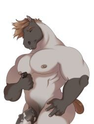 anthro atroquine big_pecs big_penis brown_hair equid equine fur genitals grey_body grey_fur hair hi_res horse looking_at_object looking_at_phone male mammal muscular muscular_anthro muscular_male nipples pecs penis simple_background solo vein veiny_penis