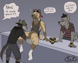 alcohol anthro beer beverage bottomless bromance canid canine canis clothed clothing drunk footwear group hyena larry_(acidwuff) male male/male mammal no_homo orientation_play partially_clothed party peperott public socks spin_the_bottle spotted_hyena straight_to_gay striped_shirt substance_intoxication topwear topwear_only trio white_clothing white_footwear white_socks wolf