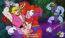 80's_theme animal_genitalia animal_penis beast-man bound canine_genitalia canine_penis cartoon dungeon forced gay genitals he-man human invalid_tag male male/male mammal masters_of_the_universe mattel motu nsfw penis prince_adam rape skeletor thesheeark what