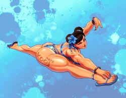 1girls artist_name ass athletic_female big_ass big_breasts bikini blue_bikini blue_nails body_writing bracelet breasts brown_eyes brown_hair capcom chun-li commentary double_bun english_commentary female flip-flops flower full_body hair_bun hair_flower hair_ornament jewelry kooj_artz muscular muscular_female nail_polish one_eye_closed red_lips sandals smile solo solo_female splatter_background split splits street_fighter street_fighter_6 stretching swimsuit thick_thighs thighs toenail_polish toenails toned_female