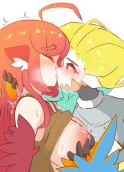 2girls absurdres ahoge animal_ears bangs bare_shoulders bird_ears blonde_hair blue_feathers blush breasts brown_tank_top clothes_lift coco_(eogks) feathers french_kiss green_hair gyejeongbu5 harpy heart heart-shaped_pupils highres kissing large_breasts long_hair mako_(eogks) monster_girl multicolored_hair multiple_girls nipple_tweak open_mouth orange_feathers original red_feathers red_hair saliva shirt_lift symbol-shaped_pupils tank_top two-tone_hair two-tone_wings very_long_hair white_background winged_arms wings yuri