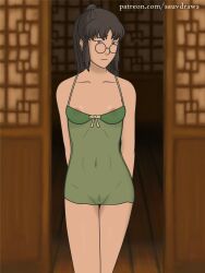 1girls avatar_legends bottomless breasts_visible_through_clothing female glasses negligee pubic_hair sauvdraws see-through_clothing the_legend_of_korra zhu_li_moon