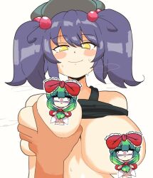 1boy1girl big_breasts blush censored_nipples grabbing_breasts hat kagiyama_hina lifted_shirt light-skinned_female nitori_kawashiro notnoe_(dxcl) purple_hair smug steam sweat tank_top touhou yellow_eyes