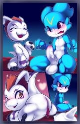 absurd_res animal_genitalia anthro balls bandai_namco cloaca comic digimon digimon_(species) duo embarrassed erection fish foreskin genitals gomamon hi_res maehdoggie maehdraws male male/male marine penis presenting veemon