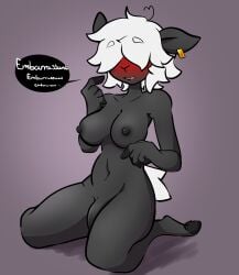 anthro belle_(mewgle) blush bovid breasts caprine embarrassed french_text futanari genitals hair hair_over_eyes hi_res hooves humanoid mammal notsafeforweh penis sheep solo text