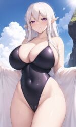 1girls ai_generated beach breasts cleavage competition_swimsuit elf elf_ears elf_female female huge_breasts light-skinned_female light_skin long_ears one-piece_swimsuit original original_character outdoors pointy_ears purple_eyes stable_diffusion stuffyai swimsuit swimwear white_hair