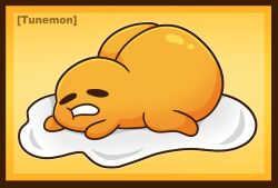 1boy 2023 ass big_ass big_butt butt egg egg_yolk glistening glistening_butt gudetama gudetama_(character) highres huge_ass huge_butt lying male male_only on_front sanrio simple_background solo tunemon yellow_background yellow_body yellow_butt