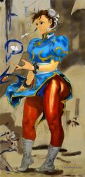 1girls boots bracelet brown_hair butterfly chun-li female female_only fully_clothed insects pantyhose self_upload solo spiked_bracelet street_fighter thick_thighs watermark