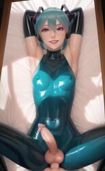 ai_generated anal anal_sex blue_clothing blue_eyes blue_hair bodysuit catsuit erect_nipples erect_penis erect_while_penetrated erection eyeshadow female fit fit_futanari futa_sans_pussy futa_with_male futanari futanari_penetrated hatsune_miku haughty_face haughty_smile human human_only latex latex_bodysuit latex_catsuit latex_gloves light-skinned_futanari light-skinned_male light_skin lipstick lying lying_on_back lying_on_bed makeup male/futanari male_on_futa male_pov missionary_position nai_diffusion on_back penis pov pov_eye_contact shiny_clothes shiny_skin small_breasts smirk solo spread_legs stable_diffusion tight_clothing vocaloid