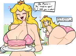 1girls 2d alternate_ass_size alternate_breast_size ass big_ass breasts cake english_text female food large_breasts mario_(series) multiple_views nintendo panties picket_fences_(series) princess_peach silenttandem speech_bubble super_mario_bros._2 text