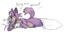 gloves laying_on_stomach purple_body purple_fur rain_(ttcc) seductive smirk speech_bubble tail toontown_corporate_clash toontown_fox toontown_online toony