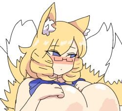 1girls animal_ears areolae big_breasts blonde_hair blue_eyes blush fox_ears glasses hands_on_breasts kitsune light-skinned_female multiple_tails notnoe_(dxcl) ran_yakumo touhou