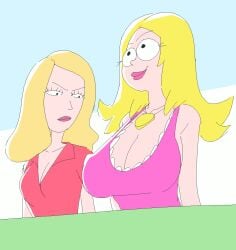 2girls american_dad angry angry_face beth_smith bigger_female blonde_hair boob_window breast_envy breasts bust busty crossover dress dumb dumbfounded envy female_only francine_smith huge_breasts jealous jealousy large_breasts lipstick looking_at_breasts looking_away looking_down milf multiple_girls rick_and_morty small_breasts smaller_female tagme yev-san