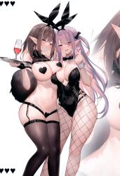 2girls absurdres animal_ears arm_strap asymmetrical_docking bangs bare_shoulders belt black_belt black_bow black_bowtie black_gloves black_leotard black_thighhighs blush bow bowtie breast_press breasts brown_eyes brown_hair buckle cleavage closed_mouth cup detached_collar drinking_glass eyes_visible_through_hair fake_animal_ears feather_boa feet_out_of_frame fingerless_gloves fishnet_pantyhose fishnets frontless_outfit garter_belt gloves gradient_hair grey_hair groin hair_intakes hair_over_one_eye hairbow hand_up heart heart_maebari heart_pasties highleg highleg_leotard highres holding holding_tray large_breasts leotard long_hair looking_at_viewer maebari meme_attire multicolored_hair multiple_girls navel nontraditional_playboy_bunny o-ring open_mouth original pantyhose pasties pink_eyes pink_hair playboy_bunny pointy_ears rabbit_ears reverse_bunnysuit reverse_outfit scan sidelocks simple_background smile sora_72-iro stomach strapless strapless_leotard swept_bangs tail thigh_strap thighhighs thighs tray two_side_up white_background white_wrist_cuffs wide_hips wine_glass wrist_cuffs zoom_layer