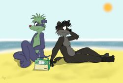 absurd_res anthro beach canid canine canis domestic_dog duo genitals hi_res lextoondog_(character) male male/male mammal nude penis radio rasik seaside sitting timmy_(rasik) wolf