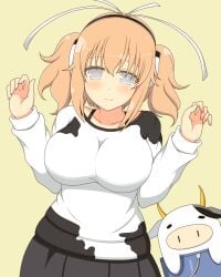 1girls arms_up bangs bovine bucket collarbone cow_print female front_view fully_clothed grey_eyes hair_ornament hairband ichiryuu_tsumiki impossible_clothes large_breasts light-skinned_female light_skin looking_at_viewer orange_hair senran_kagura simple_background smile solo sweater twintails ushimaru_(senran_kagura) yellow_background