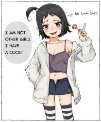 1boy 1femboy black_and_white_socks black_hair boy boys brown_eyes dialogue femboy femboy_only jacket lolipop long_socks looking_at_viewer short_hair short_skirt socks talking_to_viewer teasing trap