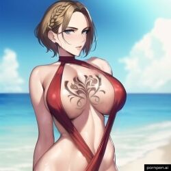 1girls ai_generated arms_behind_back beach big_breasts bikini blonde_hair braided_hair breasts female female_only gray_eyes jfxjxf looking_at_viewer monokini mostly_nude nipples_covered one-piece_swimsuit original_character pornpen.ai red_bikini short_hair tattoo tattoo_on_chest wet_skin