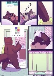 anthro ass backsack badwagon_(artist) balls bathing bathroom bodily_fluids canid canine canis comic cum cum_on_butt dialogue duo english_text genital_fluids genitals harry_(badwagon) male male/male mammal mustelid nude otter overweight overweight_male shower_curtain sleeping steam suds text tongue tongue_out towel_on_shoulder wally_(badwagon) wolf