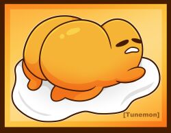 1boy 2023 ass ass_focus big_ass big_butt butt butt_focus egg egg_yolk glistening glistening_butt gudetama gudetama_(character) highres huge_ass huge_butt lying male male_only on_front sanrio simple_background solo tunemon yellow_background yellow_body yellow_butt