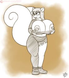 anthro areola big_breasts big_tail breasts buckteeth clothed clothing digital_media_(artwork) drxii eyewear female fur glasses hair hi_res huge_breasts mammal nipple_piercing nipples piercing rodent sciurid simple_background solo tail teeth topwear tree_squirrel