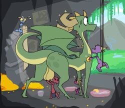 animated ball_fondling balls bathing big_balls cave dragon emerald_(roksim) fantasy feral fondling genitals gold_(metal) gold_jewelry green_body group horn jewelry kobold male roksim scalie story story_in_description western_dragon wings