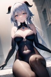 1girls ai_generated cleavage cleavage_cutout curvy cutout ganyu_(genshin_impact) genshin_impact goat_horns highres legwear leotard lingerie looking_at_viewer medium_breasts solo solo_focus stable_diffusion thick_thighs wrong_eye_color