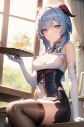 1girls ai_generated cleavage curvy curvy_female cutout ganyu_(genshin_impact) genshin_impact goat_horns highres legwear looking_at_viewer serving_drink skirt solo solo_female solo_focus stable_diffusion