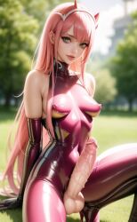 ai_generated anime big_penis blurry_background bodysuit catsuit darling_in_the_franxx erect_nipples erect_penis erection eye_contact eyeshadow female futa_only futa_solo futanari green_eyes haughty_face haughty_smile horns huge_cock human latex latex_bodysuit latex_catsuit latex_gloves light-skinned_futanari light_skin lipstick makeup nai_diffusion on_back outdoors penis pink_clothing pink_hair shiny_clothes shiny_skin sitting small_breasts solo spread_legs stable_diffusion tight_clothing zero_two_(darling_in_the_franxx)